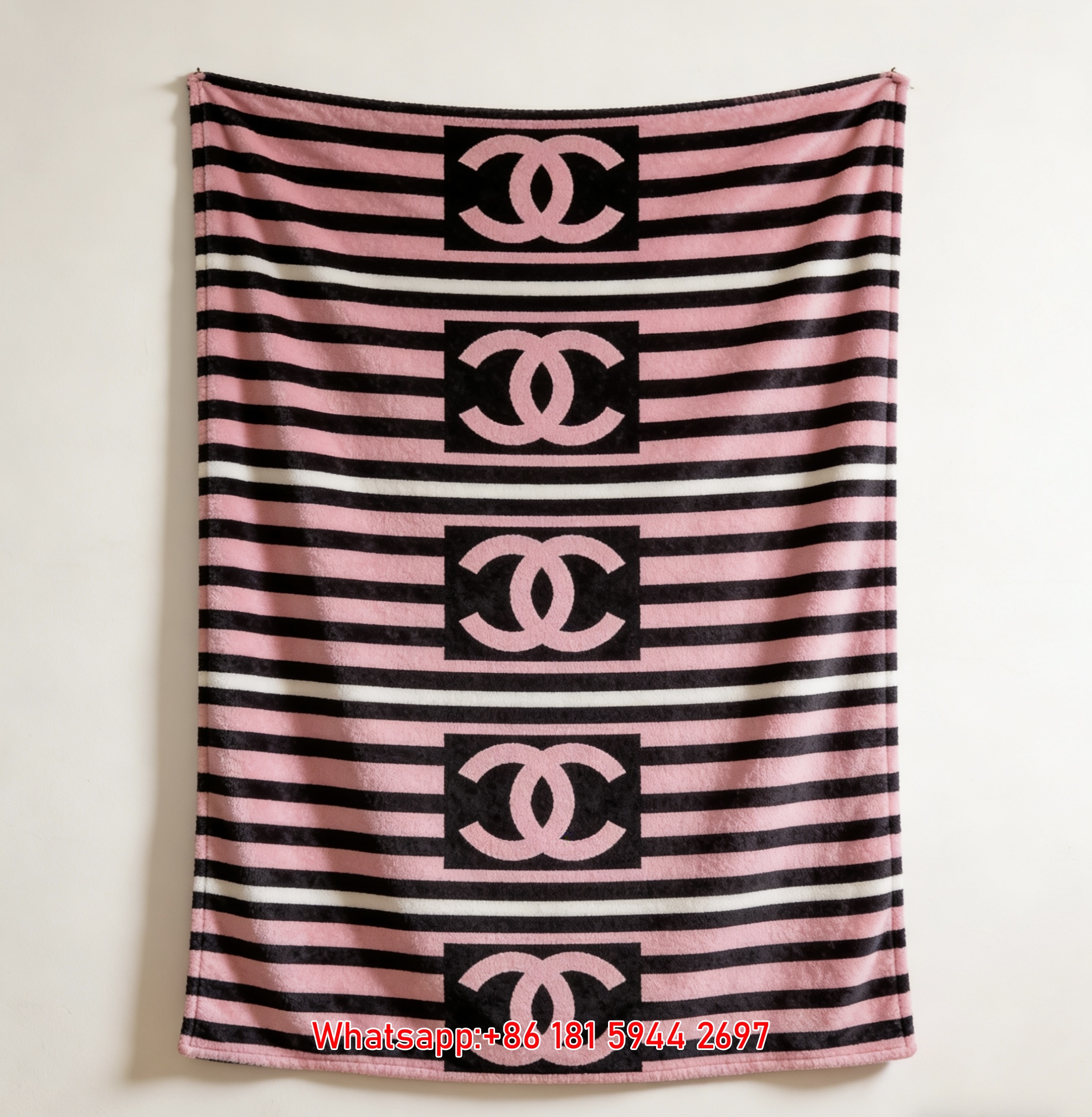 Chanel Pink Black Stripe Flannel Throw Blanket IMG_7126